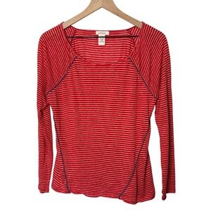 Sundance Linen Striped Long Sleeve Top Red‎ White Blue Trim Lightweight Sheer